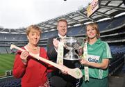 27 May 2008; Liz Howard, President of Cumann Camogaíochta na nGael, Gary Desmond, CEO of Gala, with Limerick captain Deirdre Fitzpatrick and the O'Duffy cup at the launch of the Gala All Ireland Senior Camogie Championship. Croke Park, Dublin. Picture credit: Stephen McCarthy / SPORTSFILE