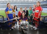 27 May 2008; President of the Camogie Association Liz Howard with Gary Desmond, CEO Gala and captains, from left, Emily Hayden, Tipperary, Marie O'Connor, Kilkenny, Louise O'Hara, Dublin, Mary Lacey, Wexford, Deirdre Fitzpatrick, Limerick, Sinead Cahalane, Galway and Sheila Burns, Cork, at the launch of the Gala All Ireland Senior & Junior Camogie Championships. Croke Park, Dublin. Photo by Sportsfile