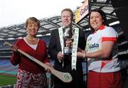 27 May 2008; President of the Camogie Association Liz Howard with Gary Desmond, CEO Gala and Derry captain Claire O'Kane at the launch of the Gala All-Ireland Senior & Junior Camogie Championships. Croke Park, Dublin. Photo by Sportsfile
