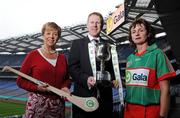 27 May 2008; President of the Camogie Association Liz Howard with Gary Desmond, CEO Gala and Mayo captain Claire Charlton at the launch of the Gala All Ireland Senior & Junior Camogie Championships. Croke Park, Dublin. Photo by Sportsfile