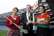 27 May 2008; President of the Camogie Association Liz Howard with Gary Desmond, CEO Gala and Carlow captain Mary Coady at the launch of the Gala All Ireland Senior & Junior Camogie Championships. Croke Park, Dublin. Photo by Sportsfile