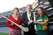 27 May 2008; President of the Camogie Association Liz Howard with Gary Desmond, CEO Gala and Meath player Louise Donoghue at the launch of the Gala All Ireland Senior & Junior Camogie Championships. Croke Park, Dublin. Photo by Sportsfile