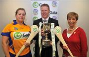 27 May 2008; Liz Howard, President of Cumann Camogaíochta na nGael, Gary Desmond, CEO of Gala, with Roscommon captain Eimear Farrell at the launch of the Gala All Ireland Senior & Junior Camogie Championships. Croke Park, Dublin. Picture credit: Stephen McCarthy / SPORTSFILE