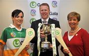 27 May 2008; Liz Howard, President of Cumann Camogaíochta na nGael, Gary Desmond, CEO of Gala, with Offaly captain Marion Crean at the launch of the Gala All Ireland Senior & Junior Camogie Championships. Croke Park, Dublin. Picture credit: Stephen McCarthy / SPORTSFILE