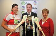 27 May 2008; Liz Howard, President of Cumann Camogaíochta na nGael, Gary Desmond, CEO of Gala, with Tyrone captain Sinead O'Neill at the launch of the Gala All Ireland Senior & Junior Camogie Championships. Croke Park, Dublin. Picture credit: Stephen McCarthy / SPORTSFILE
