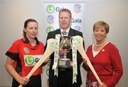 27 May 2008; Liz Howard, President of Cumann Camogaíochta na nGael, Gary Desmond, CEO of Gala, with Down captain Moya Maginn at the launch of the Gala All Ireland Senior & Junior Camogie Championships. Croke Park, Dublin. Picture credit: Stephen McCarthy / SPORTSFILE