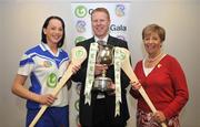 27 May 2008; Liz Howard, President of Cumann Camogaíochta na nGael, Gary Desmond, CEO of Gala, with Waterford captain Charlotte Raher at the launch of the Gala All Ireland Senior & Junior Camogie Championships. Croke Park, Dublin. Picture credit: Stephen McCarthy / SPORTSFILE