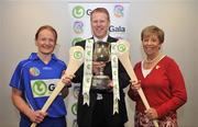 27 May 2008; Liz Howard, President of Cumann Camogaíochta na nGael, Gary Desmond, CEO of Gala, with Cavan captain Margaret McBride at the launch of the Gala All Ireland Senior & Junior Camogie Championships. Croke Park, Dublin. Picture credit: Stephen McCarthy / SPORTSFILE