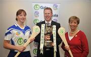 27 May 2008; Liz Howard, President of Cumann Camogaíochta na nGael, Gary Desmond, CEO of Gala, with Monaghan captain Isabel Kieran at the launch of the Gala All Ireland Senior & Junior Camogie Championships. Croke Park, Dublin. Picture credit: Stephen McCarthy / SPORTSFILE