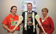 27 May 2008; Liz Howard, President of Cumann Camogaíochta na nGael, Gary Desmond, CEO of Gala, with Armagh captain Emma Farrell at the launch of the Gala All Ireland Senior & Junior Camogie Championships. Croke Park, Dublin. Picture credit: Stephen McCarthy / SPORTSFILE