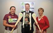 27 May 2008; Liz Howard, President of Cumann Camogaíochta na nGael, Gary Desmond, CEO of Gala, with Westmeath captain Sandra Greville at the launch of the Gala All Ireland Senior & Junior Camogie Championships. Croke Park, Dublin. Picture credit: Stephen McCarthy / SPORTSFILE