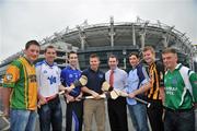 28 May 2008; GPA and Halifax have launched a new hurling initiative aimed at promoting the game in the non-traditional counties. The Hurling Twinning Programme will see counties from the Nicky Rackard Cup paired with their counterparts at McCarthy Cup level. At the launch are, from left, Danny Cullen, Donegal, Ken McGrath, Waterford, Andrew Nelligan, Cavan, GPA Chief Executive Dessie Farrell, Karl Manning, Director of Sales, Halifax, Kevin Flynn, Dublin, Richie Power, Kilkenny, and Ger McNally, Fermanag. Jury's Croke Park Hotel, Dublin. Picture credit: Brian Lawless / SPORTSFILE