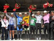 21 May 2008; Prize winners and jersey wearers of stage 4, from left, third on the stage, Bogdan Stoytchev, Bulgaria Nessebar, best placed county rider Eugene Moriarty, Meath MyHome.ie/BDBC, stage winner and race leader David McCann, Irish National team, points classification leader Dean Downing, Team Stena Rapha Condor Recycling.co.uk, U23 classification leader Dale Appleby, Team Stena Rapha Condor Recycling.co.uk and mountains classification leader Chris Newton, Team Stena Rapha Condor Recycling.co.uk. FBD Insurance Ras 2008 - Stage 4, Corofin - Tralee. Picture credit: Stephen McCarthy / SPORTSFILE