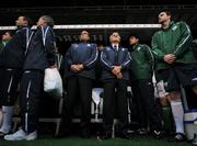 29 May 2008; Republic of Ireland manager Giovanni Trapattoni, centre, with his assistant Marco Tardelli during the National Anthem. International Friendly, Republic of Ireland v Colombia, Craven Cottage, London, England. Picture credit: David Maher / SPORTSFILE *** Local Caption ***