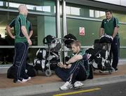1 June 2008; Ireland's Peter Stringer, Jamie Heaslip and Tony Buckley wait for the team bus on the team's arrival at Wellington International Airport ahead of the start of Ireland's Summer Tour. 2008 Ireland Rugby Summer Tour, Wellington Airport, Wellington, New Zealand. Picture credit: Tim Hales / SPORTSFILE