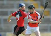 1 June 2008; Tony Duffy, Armagh, in action against Michael Taylor, Down. ESB Ulster Minor Hurling Championship Semi-Final, Armagh v Down, Casement Park, Belfast, Co. Antrim. Photo by Sportsfile