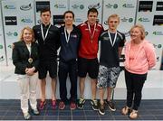 1 May 2015; Medal recipients from the men's 50m butterfly final, in the company of Anne McAdam, left, President of Swim Ireland, and Maev Nic Lochlainn, principal officer at the Department of Transport Tourism and Sport, from left, Brendan Hyland, Tallaght, Ian Finnerty, NSCA, Calum Bain, Cookstown, Tyrone, and James Brown, Ards. 2015 Irish Open Swimming Championships at the National Aquatic Centre, Abbotstown, Dublin.  Picture credit: Piaras Ó Mídheach / SPORTSFILE