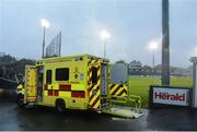 2 May 2015; An ambulance sits pitchside while medics treat two supporters for separate injuries, which caused a delay to the start of the second half. EirGrid GAA All-Ireland U21 Football Championship Final, Tipperary v Tyrone. Parnell Park, Dublin. Picture credit: Ramsey Cardy / SPORTSFILE