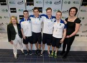 2 May 2015; UCD swimmers who were presented with their men's 400m medley relay gold medals by Anne McAdam, President of Swim Ireland, left, and Katie Keogh, US Embassy, right, from left, Jack Keogh, Alex Murphy, David Prendergast and Seamus Stacey during the 2015 Irish Open Swimming Championships at the National Aquatic Centre, Abbotstown, Dublin. Picture credit: Stephen McCarthy / SPORTSFILE