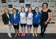 2 May 2015; Aer Lingus swimmers who were presented with their women's 400m medley relay silver medals by Anne McAdam, President of Swim Ireland, left, and Katie Keogh, US Embassy, right, from left, Ava Lambert, Orla Walsh, Caitriona Finlay and Aisling Haughey during the 2015 Irish Open Swimming Championships at the National Aquatic Centre, Abbotstown, Dublin. Picture credit: Stephen McCarthy / SPORTSFILE