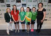 2 May 2015; Limerick swimmers who were presented with their women's 400m medley relay bronze medals by Anne McAdam, President of Swim Ireland, left, and Katie Keogh, US Embassy, right, from left, Sophie Blewitt, Alex O'Connor, Bronagh LeGear and Shona Hickey during the 2015 Irish Open Swimming Championships at the National Aquatic Centre, Abbotstown, Dublin. Picture credit: Stephen McCarthy / SPORTSFILE