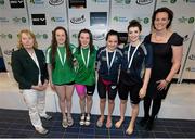 2 May 2015; Ards swimmers who were presented with their women's 400m medley relay gold medals by Anne McAdam, President of Swim Ireland, left, and Katie Keogh, US Embassy, right, from left, Mary-Kate McDowell, Emma Reid, Rebecca Reid and Bethany Firth during the 2015 Irish Open Swimming Championships at the National Aquatic Centre, Abbotstown, Dublin. Picture credit: Stephen McCarthy / SPORTSFILE
