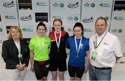 2 May 2015; Medal recipients from the women's 200m backstroke final, in the company of Anne McAdam, President of Swim Ireland, and Ray Kendal, Event Director, Swim Ireland, from left, Emma Cassidy, Sunday's Well, Danielle Hill, Larne, and Laoise Flemming, Kells, during the 2015 Irish Open Swimming Championships at the National Aquatic Centre, Abbotstown, Dublin. Picture credit: Stephen McCarthy / SPORTSFILE