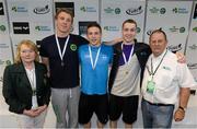 2 May 2015; Medal recipients from the men's 400m freestyle final, in the company of Anne McAdam, President of Swim Ireland, and Ray Kendal, Event Director, Swim Ireland, from left, Bernard Cahill, Ennis, Brendan Gibbons, Athlone, and Brian O'Sullivan, Dundalk, during the 2015 Irish Open Swimming Championships at the National Aquatic Centre, Abbotstown, Dublin. Picture credit: Stephen McCarthy / SPORTSFILE