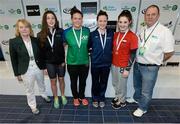 2 May 2015; Medal recipients from the women's 400m freestyle final, in the company of Anne McAdam, President of Swim Ireland, and Ray Kendal, Event Director, Swim Ireland, from left, Antoinette Neamt, Tallaght, Grainne Murphy, New Ross, Ruby Martin, NCSA, and Rachel Bethel, Lisburn, during the 2015 Irish Open Swimming Championships at the National Aquatic Centre, Abbotstown, Dublin. Picture credit: Stephen McCarthy / SPORTSFILE