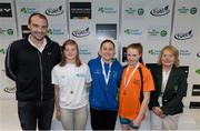 2 May 2015; Medal recipients from the women's 100m breaststroke final, in the company of Irish Olympic swimmer Andrew Bree and Anne McAdam, President of Swim Ireland, from left, Mona McSharry, Marlin, Aisling Haughey, Aer Lingus, and Niamh Coyne, Tallaght, during the 2015 Irish Open Swimming Championships at the National Aquatic Centre, Abbotstown, Dublin. Picture credit: Stephen McCarthy / SPORTSFILE