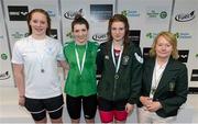 2 May 2015; Medal recipients from the women's 100m freestyle final, in the company of Anne McAdam, President of Swim Ireland, from left, Gabriella Weaver, Trident, Bethany Firth, Ards, and Kate Finn, Galway, during the 2015 Irish Open Swimming Championships at the National Aquatic Centre, Abbotstown, Dublin. Picture credit: Stephen McCarthy / SPORTSFILE