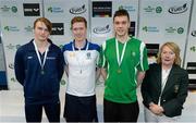 2 May 2015; Medal recipients from the men's 100m freestyle final, in the company of Anne McAdam, President of Swim Ireland, from left, Mark McGlaughlin, NCSA, David Prendergast, UCD, and Curtis Coulter, Ards, during the 2015 Irish Open Swimming Championships at the National Aquatic Centre, Abbotstown, Dublin. Picture credit: Stephen McCarthy / SPORTSFILE