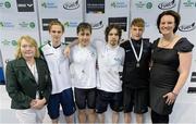 2 May 2015; Aer Lingus swimmers who were presented with their men's 400m medley relay silver medals by Anne McAdam, President of Swim Ireland, left, and Katie Keogh, US Embassy, right, from left, Benjamin Doyle, Andrew Meegan, Sean O'Brien and Ben Griffin during the 2015 Irish Open Swimming Championships at the National Aquatic Centre, Abbotstown, Dublin. Picture credit: Stephen McCarthy / SPORTSFILE