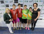 2 May 2015; Limerick swimmers who were presented with their men's 400m medley relay bronze medals by Anne McAdam, President of Swim Ireland, left, and Katie Keogh, US Embassy, right, from left, Joseph Mooney, Shane Cody, Alan Corby and Eoin Corby during the 2015 Irish Open Swimming Championships at the National Aquatic Centre, Abbotstown, Dublin. Picture credit: Stephen McCarthy / SPORTSFILE
