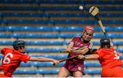 3 May 2015; Orlaith McGrath, Galway, shoots over Pamela Mackey, left, and Laura Treacy, Cork. National Camogie League, Division 1 Final, Cork v Galway. Semple Stadium, Thurles, Co. Tipperary. Picture credit: Cody Glenn / SPORTSFILE