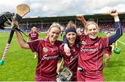 3 May 2015; Galway teammates, left to right, Lorraine Ryan, Heather Cooney and Susan Earner celebrate their side's victory. National Camogie League, Division 1 Final, Cork v Galway. Semple Stadium, Thurles, Co. Tipperary. Picture credit: Cody Glenn / SPORTSFILE