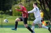 3 May 2015; Shane Carter, left, Bohemians, in action against Cian McCarthy, Kilreen Celtic, before scoring. FAI Umbro Youth Cup Final, Bohemians v Kilreen Celtic. Pearse Park, Dublin. Picture credit: Sam Barnes / SPORTSFILE