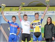 3 May 2015; Third on stage, Mark Dowling, DID Dunboyne, left, stage winner Edward Laverack, Cheshire JLT Condor, race leader Eoin Morton, UCD Cycling, with Charmaine Hamilton, Homecare, on the awards podium after the third stage. 150 elite cyclists from Australia, Holland, Belgium, France, England, Scotland, Northern Ireland and the Republic of Ireland compete in Stage 3 of the AmberGreen Energy Tour of Ulster in partnership with the SDS Group and Saltmarine Cars. Stage 3 takes the cyclists from Newry - Camlough - Newtownhamilton - Keady - Markethill - Hamiltonsbawn - Richill - Armagh - Caledon - Aughnacloy - Ballygawley (Whitebridge Road) - Pomeroy - Donaghmore - Cookstown. Picture credit: Stephen McMahon / SPORTSFILE