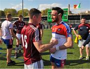 3 May 2015; Galway's Danny Cummins is congratulated after the game by New York's Ronan McGinley. Connacht GAA Football Senior Championship, Preliminary Round, New York v Galway. Gaelic Park, New York, USA. Picture credit: Ray Ryan / SPORTSFILE