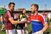 3 May 2015;  Galway captain Paul Conroy is congratulated after the game by New York goalkeeper Gavin Joyce. Connacht GAA Football Senior Championship, Preliminary Round, New York v Galway. Gaelic Park, New York, USA. Picture credit: Ray Ryan / SPORTSFILE