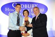 29 May 2008; Killian Young, from Kerry, is presented with a 2008 Cadbury Hero of the Future Award by GAA President Nickey Brennan, in the company of Audrey Buckley, Brand Manager, Cadbury Ireland. Killian was one of 13 shortlisted players, all nominees can be seen on www.cadburygaau21.com. Westin Hotel, Dublin. Picture credit: Ray McManus / SPORTSFILE