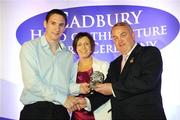 29 May 2008; Gary Whyte, from Kildare, is presented with a 2008 Cadbury Hero of the Future Award by GAA President Nickey Brennan, in the company of Audrey Buckley, Brand Manager, Cadbury Ireland. Gary was one of 13 shortlisted players, all nominees can be seen on www.cadburygaau21.com. Westin Hotel, Dublin. Picture credit: Ray McManus / SPORTSFILE