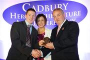 29 May 2008; Kieran O'Leary, from Kerry, is presented with a 2008 Cadbury Hero of the Future Award by GAA President Nickey Brennan, in the company of Audrey Buckley, Brand Manager, Cadbury Ireland. Kieran was one of 13 shortlisted players, all nominees can be seen on www.cadburygaau21.com. Westin Hotel, Dublin. Picture credit: Ray McManus / SPORTSFILE