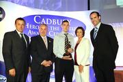 29 May 2008; Kerry footballer and current All-Ireland U21 champion, Killian Young, has been named as the 2008 Cadbury Hero of the Future Award winner. Killian, who was twice named as ‘Cadbury Hero of the Match’ throughout this competitive championship has been honoured in recognition of his passion, excellence and commitment to the sport.  Killian was presented with his Cadbury Hero of the Future Award by Nickey Brennan, GAA President and Audrey Buckley, Marketing Manager Cadbury Ireland and judges Micheal O Domhnaill, TG4 commentator, left and Kildare footballer Dermot Earley, right. Westin Hotel, Dublin. Picture credit: Ray McManus / SPORTSFILE