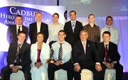 29 May 2008; At the Cadbury Hero of the Future Awards are, back row, from left, Micheal O Domhnaill, TG4 commentator, judge, Sean O'Neill, from Wexford, Gary Whyte, from Kildare, Kildare footballer Dermot Earley, judge, Gavin Smullen, from Kildare, and Paul McComiskey, from Down. Front row, from left, Kieran O'Leary, from Kerry, Audrey Buckley, Brand Manager, Cadbury Ireland, 2008 Cadbury Hero of the Future Award winner Killian Young, from Kerry, Nickey Brennan, GAA President, and Brian Fox, from Tipperary. Sean, Gary, Gavin, Paul, Kieran, Killian and Brian were 7 of 13 shortlisted players, all nominees can be seen on www.cadburygaau21.com. Westin Hotel, Dublin. Picture credit: Ray McManus / SPORTSFILE
