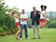 30 May 2008; Former Liverpool and Republic of Ireland player John Aldridge and Bernard O'Byrne, National Coordinator of Share Liverpool FC Ireland, with models Jenny Lee Masterson, left, and Baiba Gaile at a photocall to launch Share Liverpool FC Ireland. The Share Liverpool FC initiative was formed in February 2008. The idea is to get 100,000 Liverpool fans to give 6,300euros / £5,000 each to help buy the club out. Citywest Hotel, Saggart, Co. Dublin. Picture credit: Brian Lawless / SPORTSFILE  *** Local Caption ***