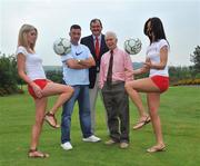 30 May 2008; Models Jenny Lee Masterson, left, and Baiba Gaile, with Former Liverpool and Republic of Ireland player John Aldridge, left, Dr. Rogan Taylor, Founder of Share Liverpool FC and the Football Supporters Association UK, right, and Bernard O'Byrne, National Coordinator of Share Liverpool FC Ireland, at a photocall to launch Share Liverpool FC Ireland. The Share Liverpool FC initiative was formed in February 2008. The idea is to get 100,000 Liverpool fans to give 6,300euros / £5,000 each to help buy the club out. Citywest Hotel, Saggart, Co. Dublin. Picture credit: Brian Lawless / SPORTSFILE  *** Local Caption ***