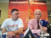 30 May 2008; Dr. Rogan Taylor, Founder of Share Liverpool FC and the Football Supporters Association UK, with former Liverpool and Republic of Ireland player John Aldridge at a press conference to launch Share Liverpool FC Ireland. The Share Liverpool FC initiative was formed in February 2008. The idea is to get 100,000 Liverpool fans to give 6,300euros / £5,000 each to help buy the club out. Citywest Hotel, Saggart, Co. Dublin. Picture credit: Brian Lawless / SPORTSFILE  *** Local Caption ***