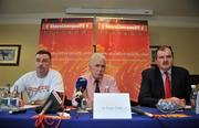 30 May 2008; Dr. Rogan Taylor, Founder of Share Liverpool FC and the Football Supporters Association UK, centre, Bernard O'Byrne, National Coordinator of Share Liverpool FC Ireland, right, and Former Liverpool and Republic of Ireland player John Aldridge, at a press conference to launch Share Liverpool FC Ireland. The Share Liverpool FC initiative was formed in February 2008. The idea is to get 100,000 Liverpool fans to give 6,300euros / £5,000 each to help buy the club out. Citywest Hotel, Saggart, Co. Dublin. Picture credit: Brian Lawless / SPORTSFILE  *** Local Caption ***