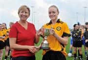 31 May 2008; Ulster captain Neamh Woods is presented with the Mick Talbot cup by Geraldine Giles, Uachtaran  Cumann Peil Gael na mBan. Ladies Football Interprovincial Football tournament final, Munster v Ulster, Pairc Chiarain, Athlone, Co. Westmeath. Picture credit: Stephen McCarthy / SPORTSFILE
